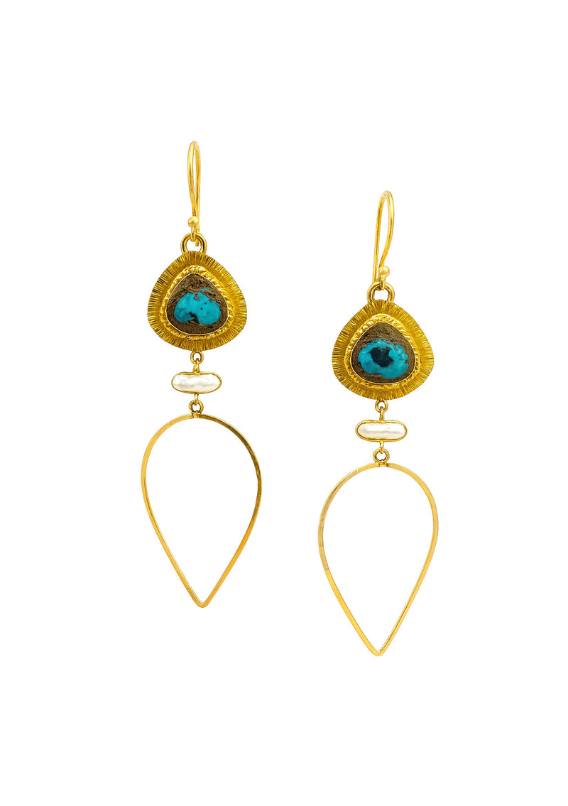 Turquoise Bezel Pearl Gold Teardrop Earrings