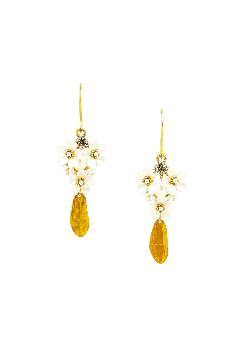 White Flowers Cluster Gold Drop Earrings