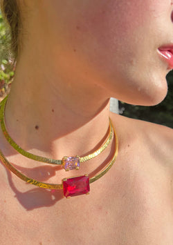 Gold Double Row Pink and Red Collar Necklace