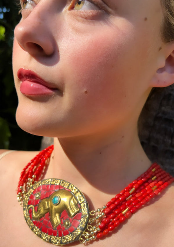 Red Coral Multi-strand Ethnic Coral and Brass Necklace
