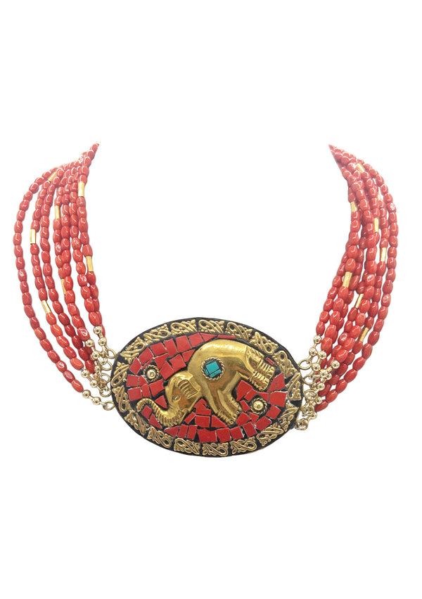 Red Coral Multi-strand Ethnic Coral and Brass Necklace