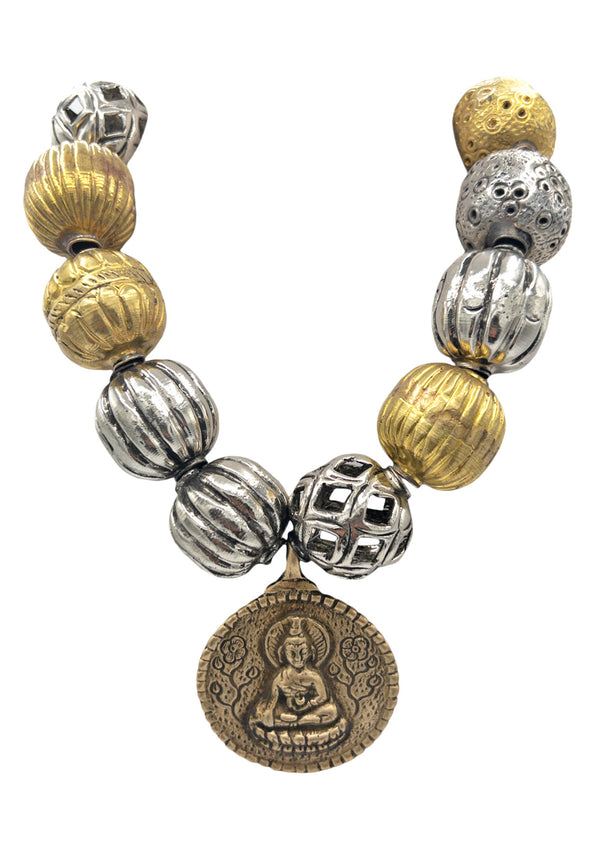 Gold and Silver Ball Buddha Pendant Necklace