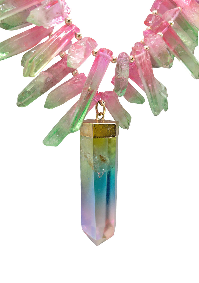 Watermelon Quartz Crystal Rainbow Pendant Necklace
