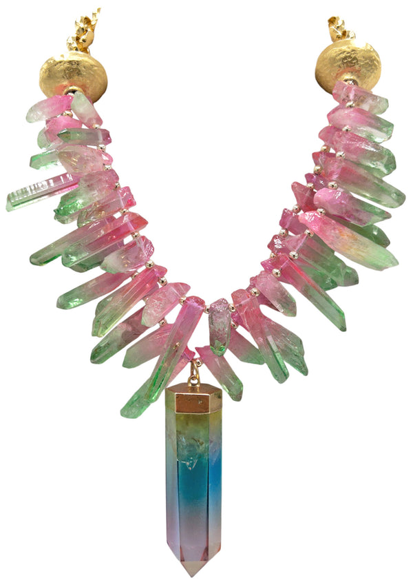 Watermelon Quartz Crystal Rainbow Pendant Necklace
