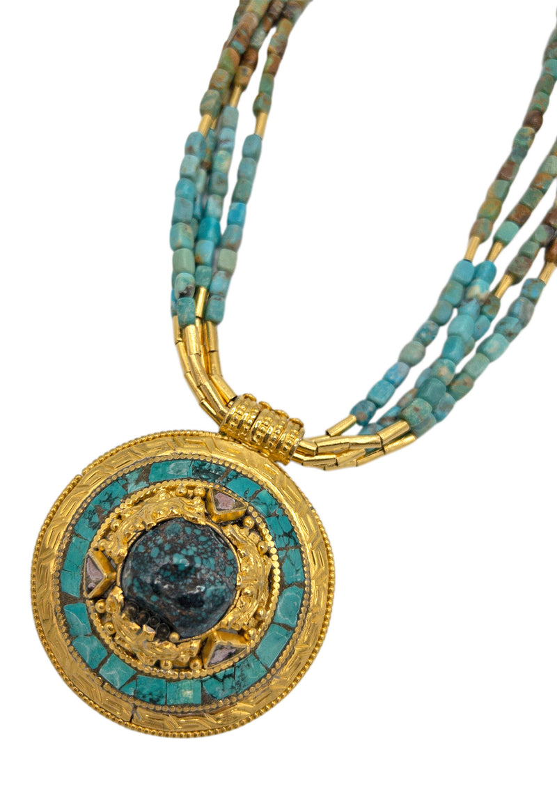 Ethnic Turquoise Gold Pendant Necklace