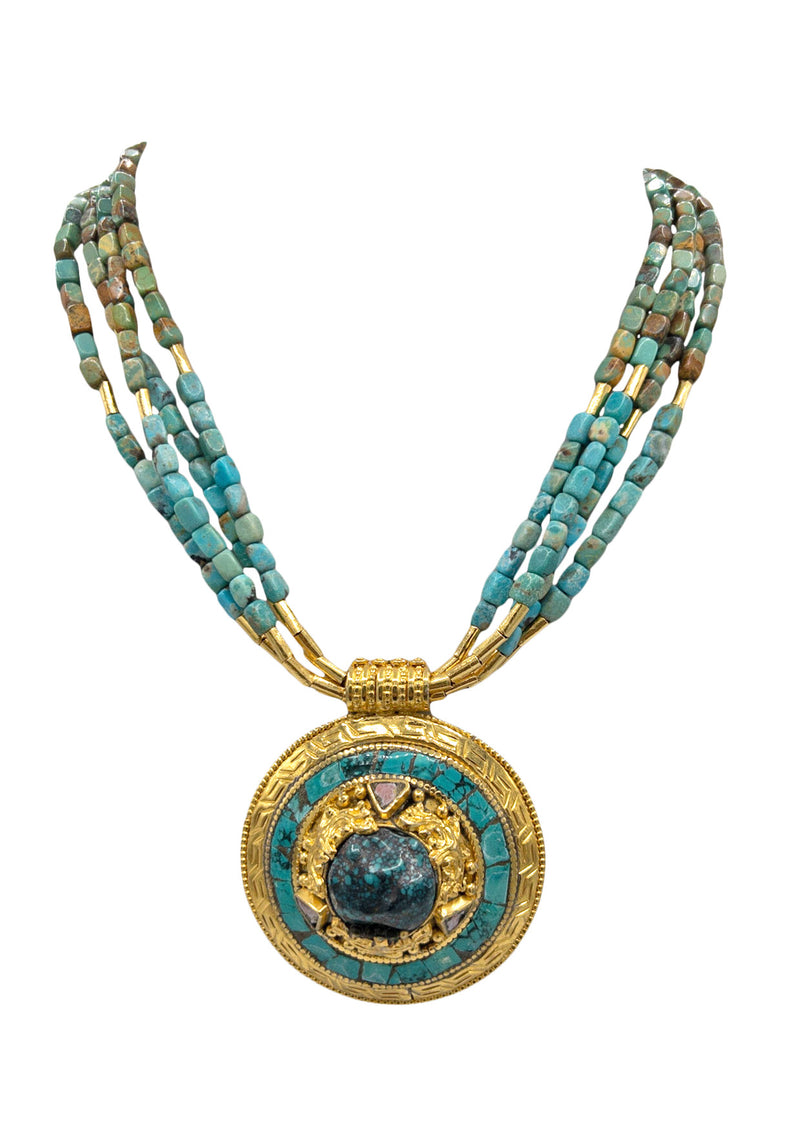 Ethnic Turquoise Gold Pendant Necklace