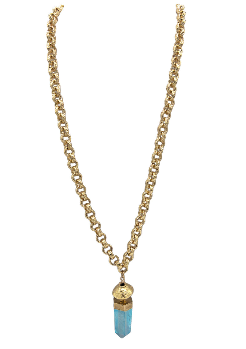 Turquoise Crystal Quartz in Gold Foil Pendant Necklace