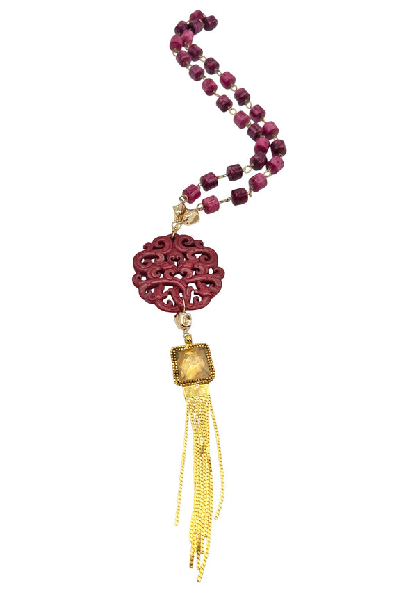 Pink Quartz Gold Tassel Carved Jade Pendant Necklace
