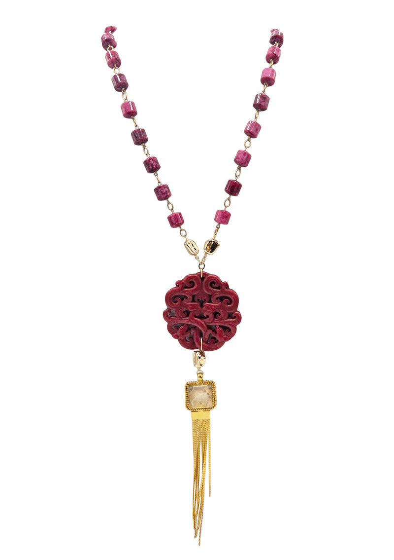 Pink Quartz Gold Tassel Carved Jade Pendant Necklace