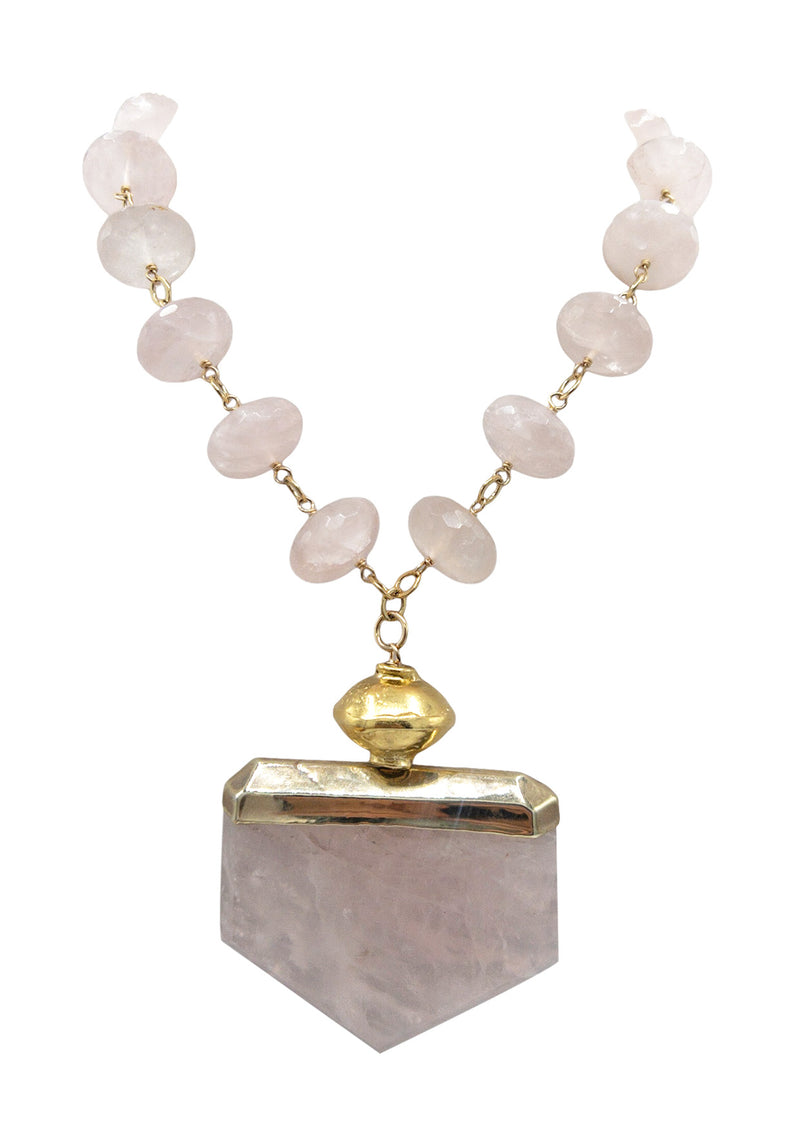 Oversized giant rose quartz pendant necklace. A bohemian chic statement necklace, handcrafted by luxury jewelry designer Devon Leigh. Featured in Neiman Marcus.