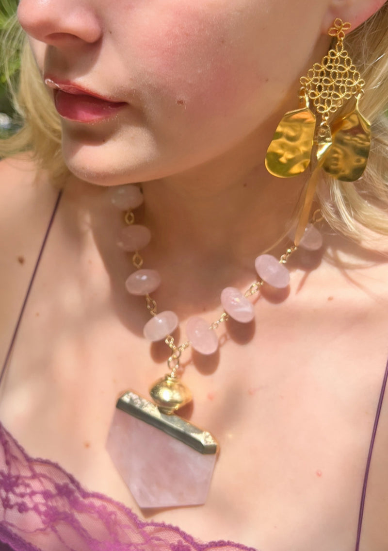 Rose Quartz in Gold Foil Pendant Necklace