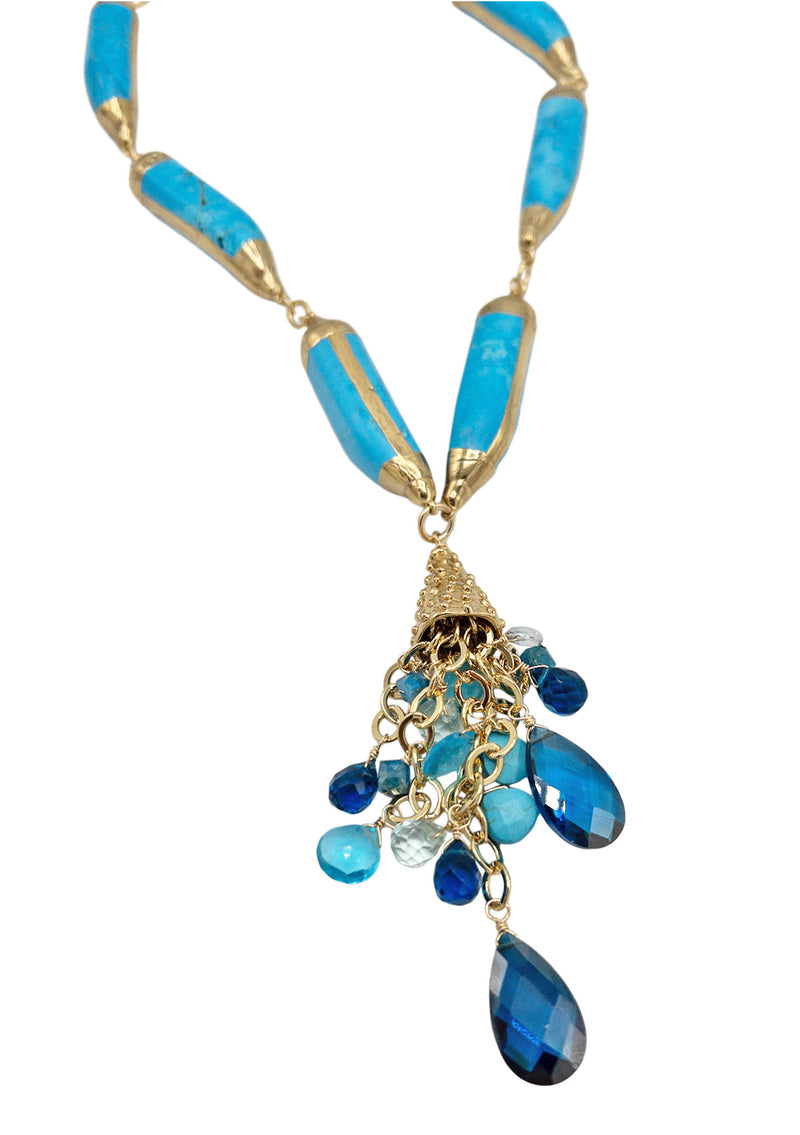 Turquoise in Gold Foil  Aqua Marine and Blue Quartz Cluster Pendant Necklace