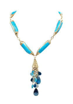 Turquoise in Gold Foil  Aqua Marine and Blue Quartz Cluster Pendant Necklace