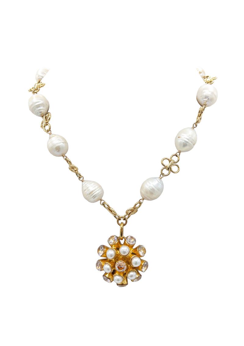 Shell Pearl Crystal and Pearl Gold Pendant Necklace