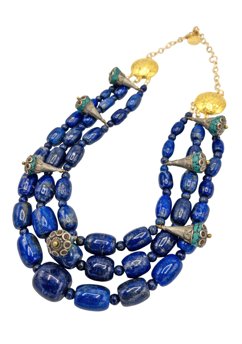 Denim Blue Lapis Ethnic Gold Accent Necklace