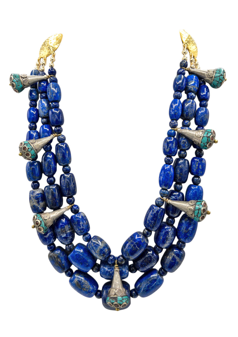 Denim Blue Lapis Ethnic Gold Accent Necklace