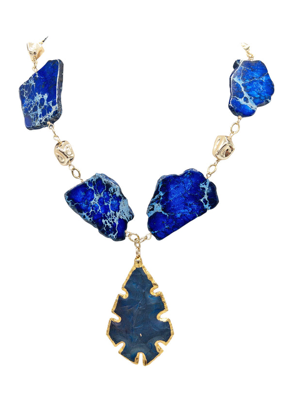 Blue Imperial Jasper Gold Accent Carved Blue Pendant Necklace