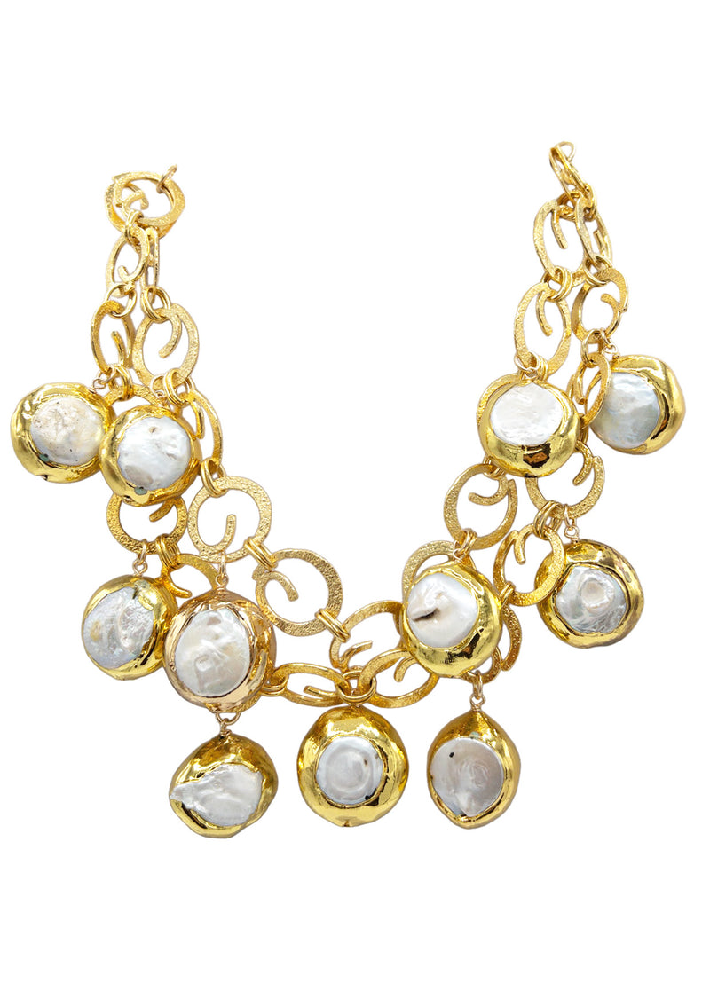 Freshwater Pearl in Gold Bezel Multi Pendant Necklace