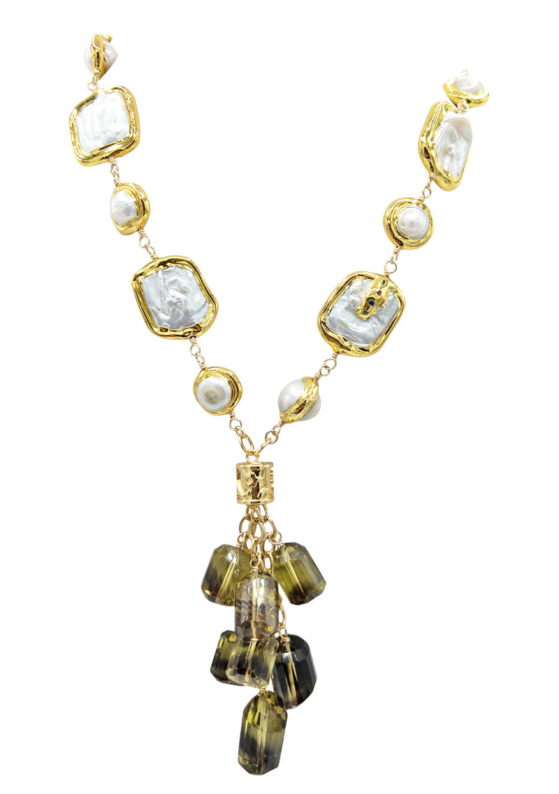 Freshwater Pearl in Gold Bezel Smoky Quartz Cluster Necklace
