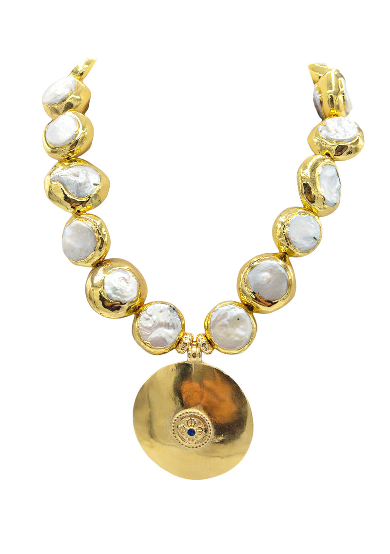 Freshwater Pearl in Gold Bezel Ethnic Medallion Necklace