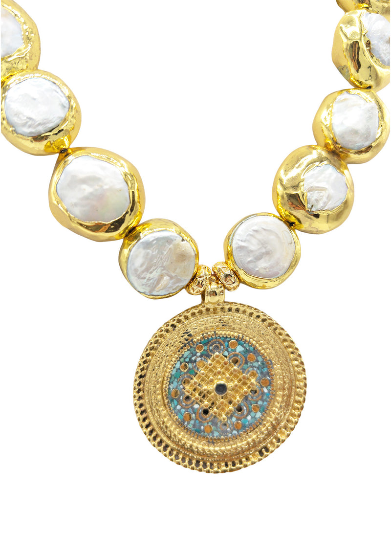 Freshwater Pearl in Gold Bezel Ethnic Medallion Necklace