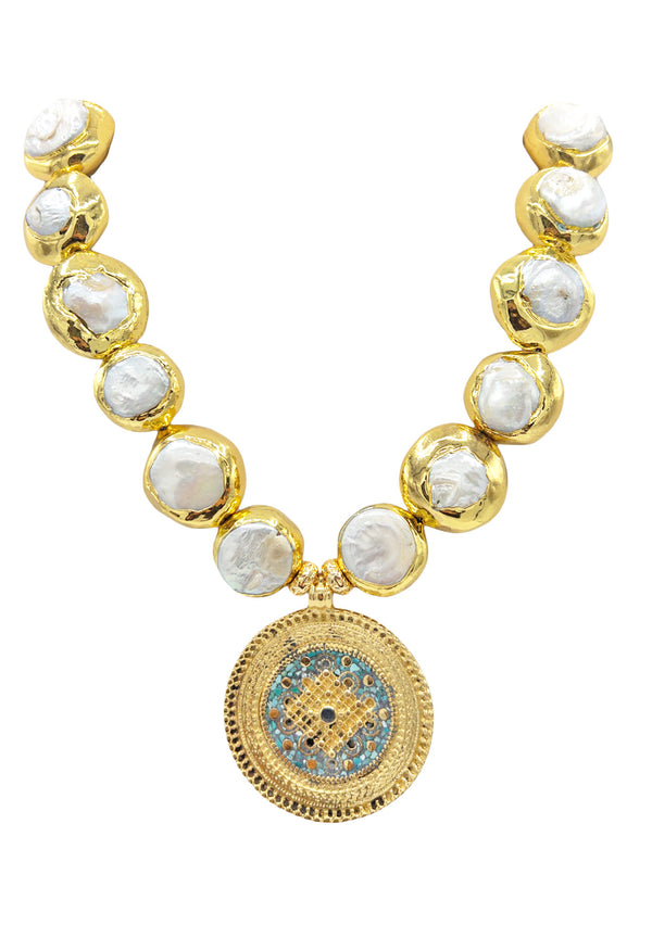 Freshwater Pearl in Gold Bezel Ethnic Medallion Necklace