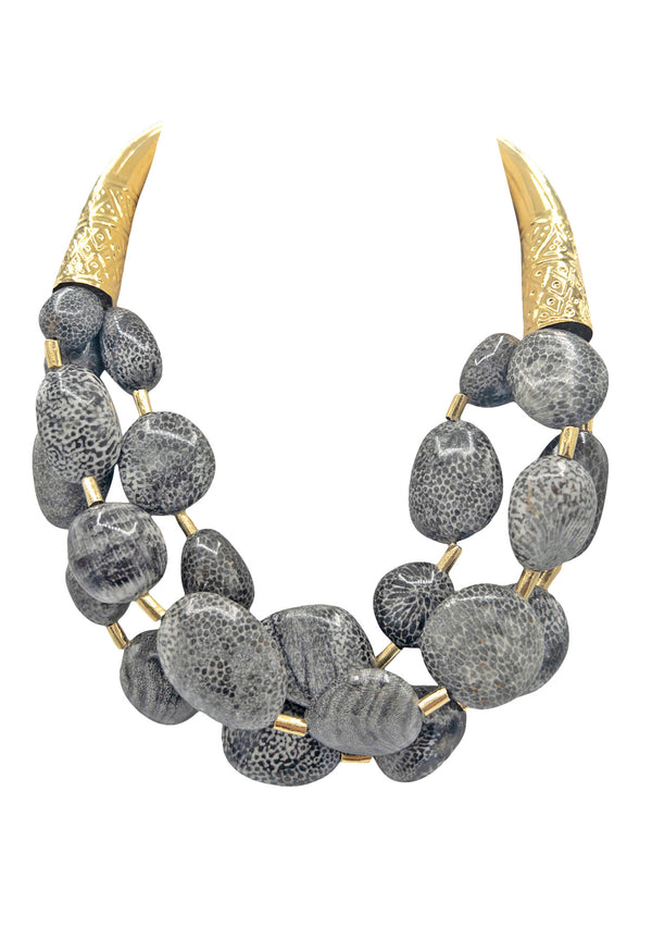 VERY RARE Coral..Gray Animal Print Gold Statement Necklace