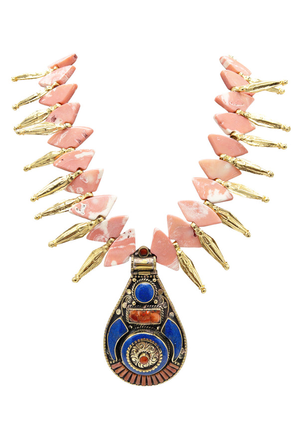 Pink CORAL Gold Ethnic Pendant Statement Necklace