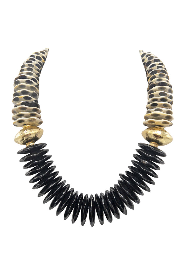 Animal Print and Black Horn Slab Gold Accent Necklace