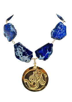 Blue Imperial Jasper Slabs Gold Pendant Necklace