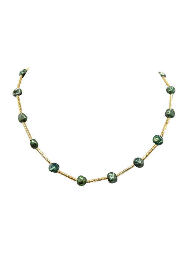 Green Freshwater Pearl and Gold Chain Necklace