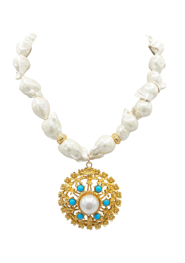 Freshwater Pearl Gold and Turquoise Pendant Necklace