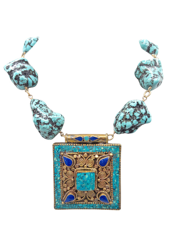 Natural Turquoise and Lapis Ethnic Pendant Turquoise Station Necklace