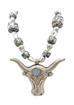 Freshwater Pearl Abalone Silver Bull Pendant Necklace