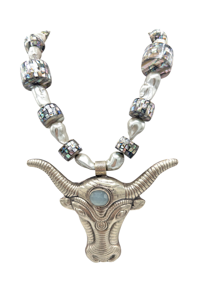 Freshwater Pearl Abalone Silver Bull Pendant Necklace
