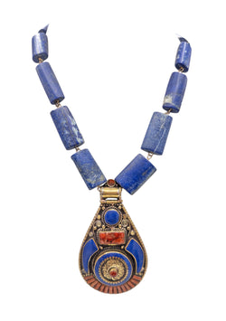 Coral and Lapis Ethnic Pendant Lapis Station Necklace