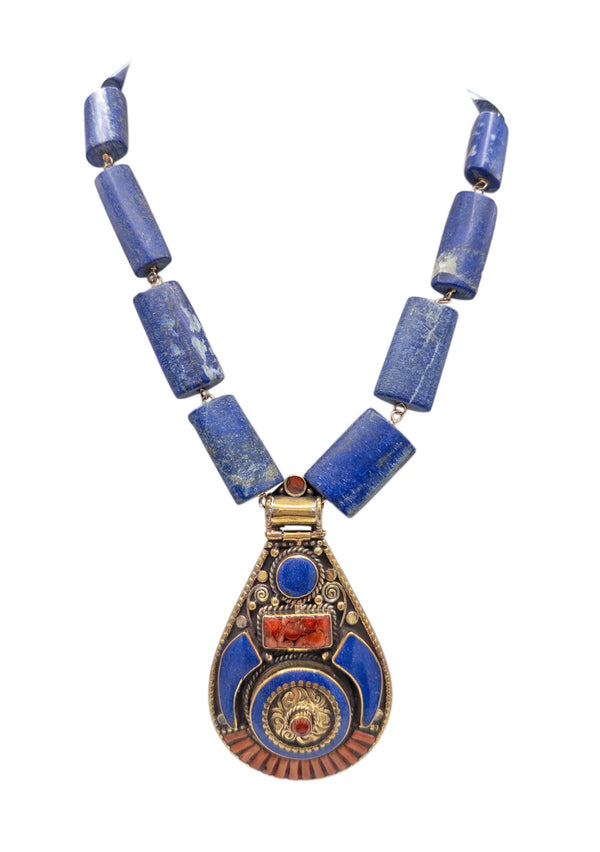 Coral and Lapis Ethnic Pendant Lapis Station Necklace