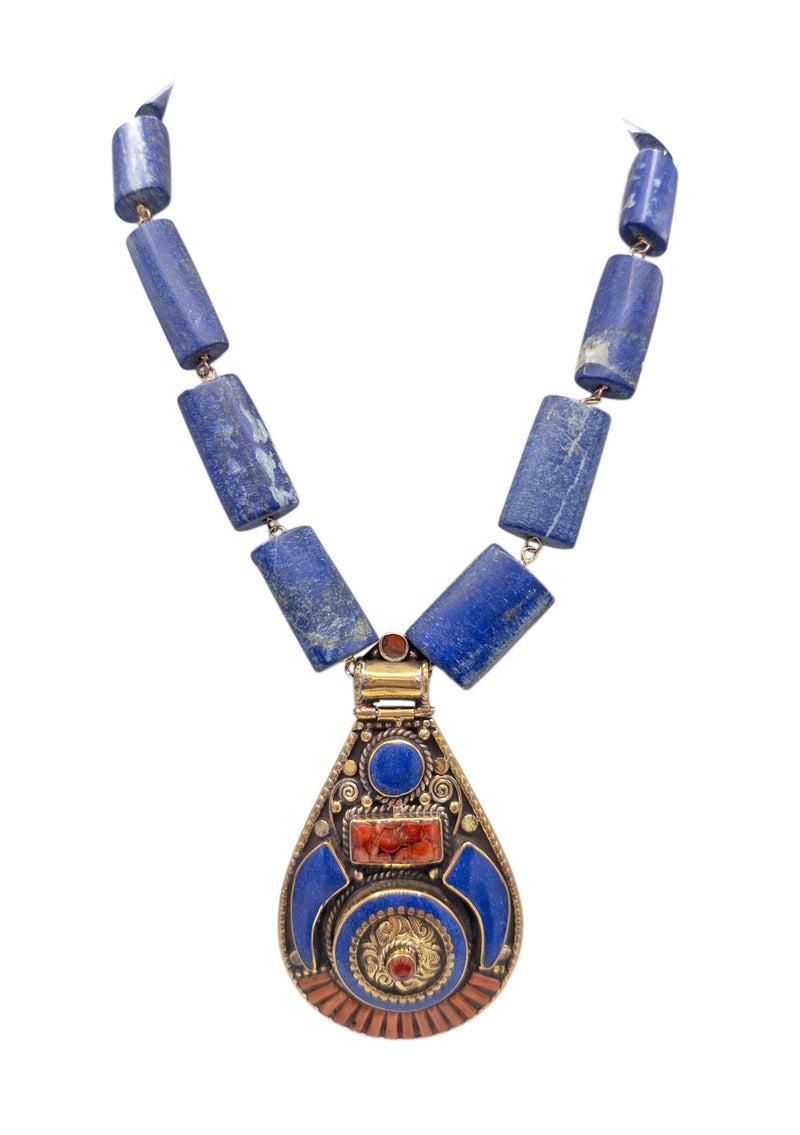 Coral and Lapis Ethnic Pendant Lapis Station Necklace