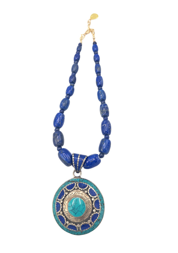 Blue Lapis Turquoise Lapis Ethnic Pendant Necklace