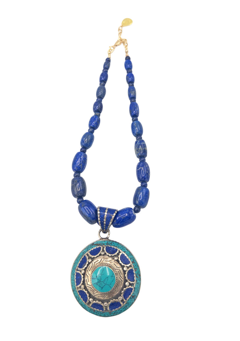 Blue Lapis Turquoise Lapis Ethnic Pendant Necklace