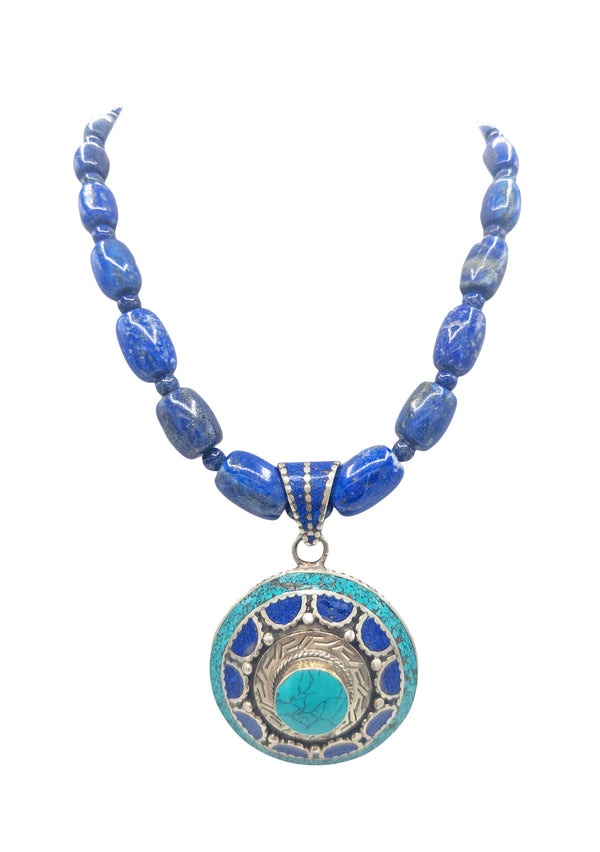 Blue Lapis Turquoise Lapis Ethnic Pendant Necklace