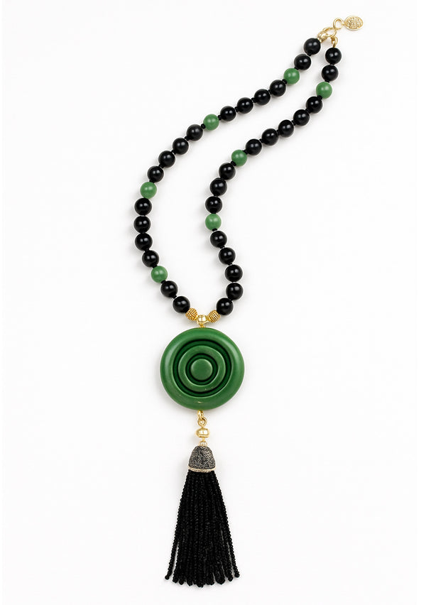 Green Jade Station Black Tassel Necklace