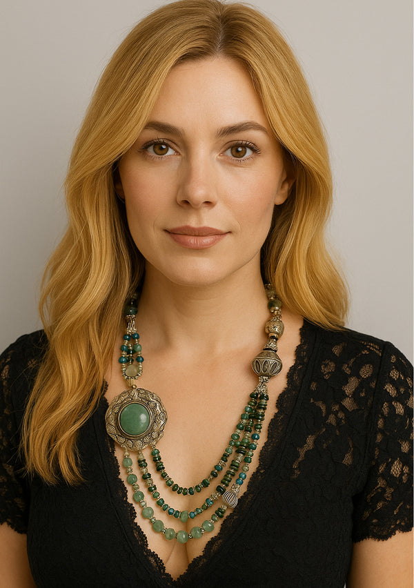 Ethnic Tibetan Silver and Green Chalcedony Necklace