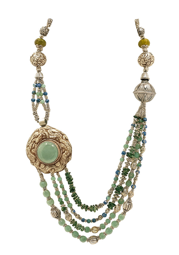 Ethnic Tibetan Silver and Green Chalcedony Necklace