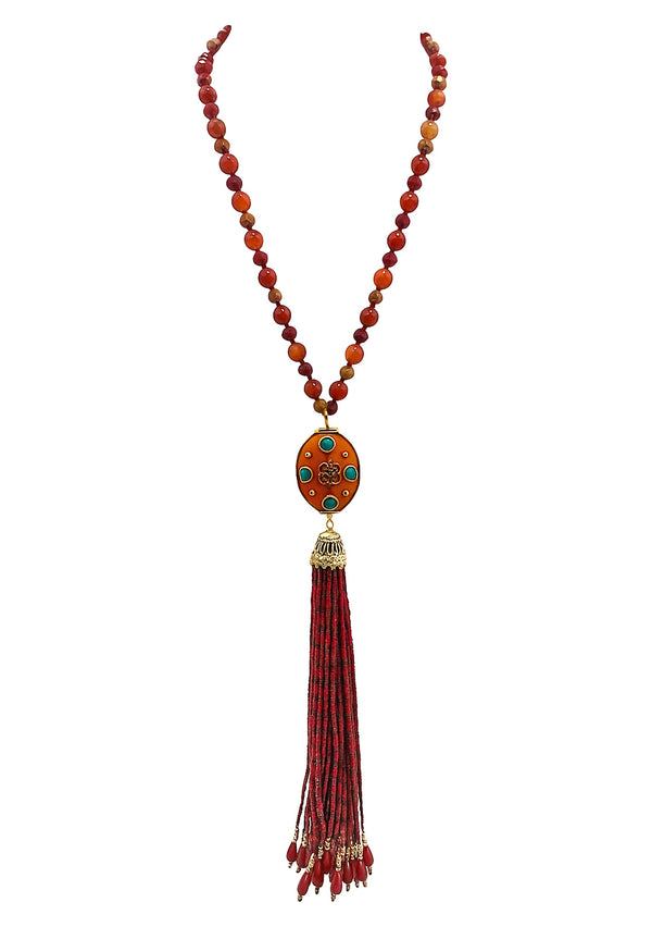 Coral Red Ethnic Pendant Red Tassel Necklace
