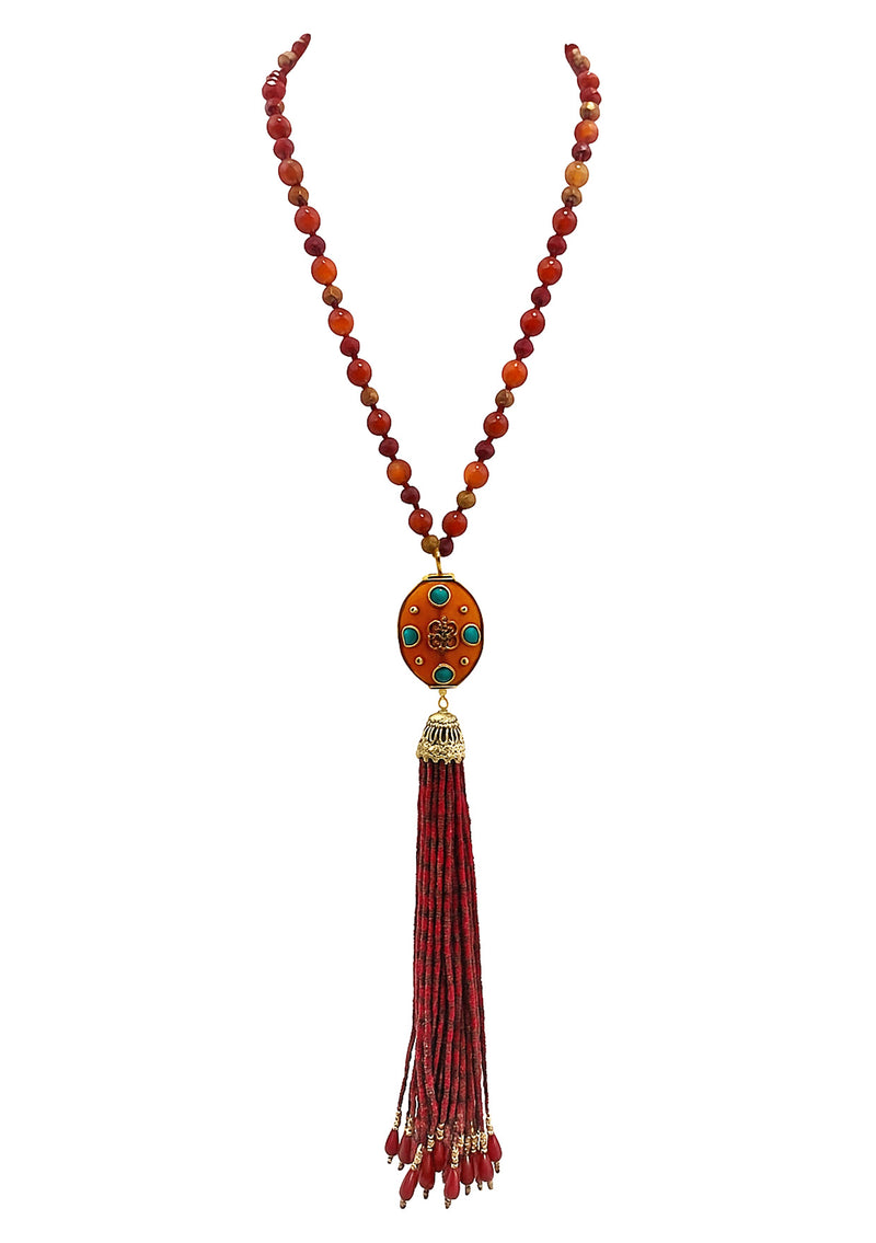 Coral Red Ethnic Pendant Red Tassel Necklace