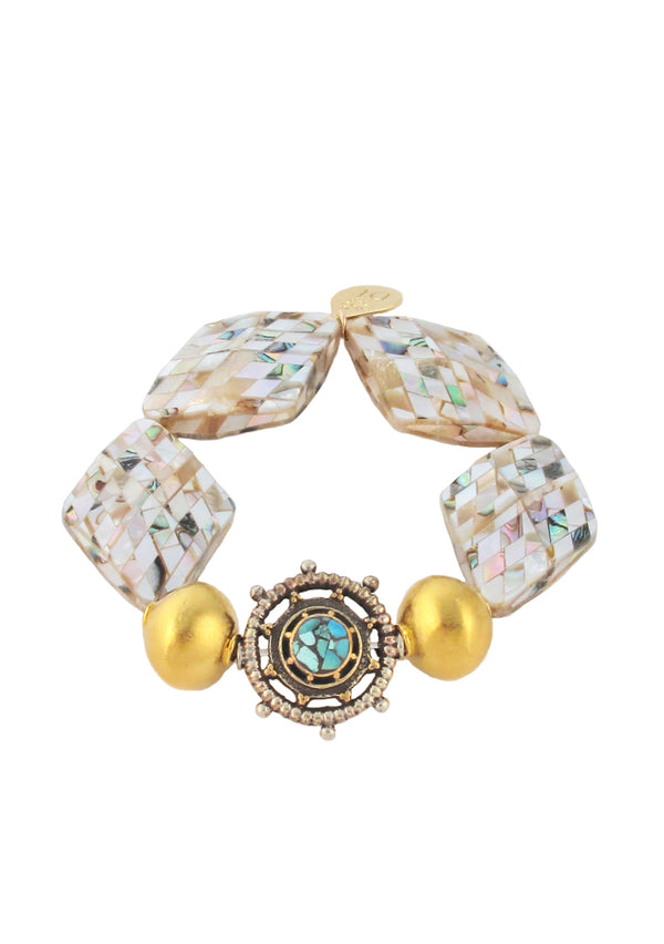 Pearl Mosaic Gold Accent Ethnic Stretch Bracelet