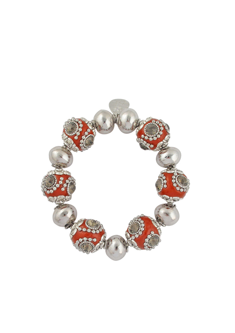 Rhodium Red Ethnic Bead Stretch Bracelet