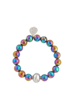 Rainbow Titanium Coated Pyrite Rhodium Accent Stretch Bracelet