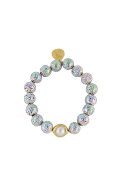 Rainbow Coated Lava Pearl and Gold Accent Stretch Bracelet